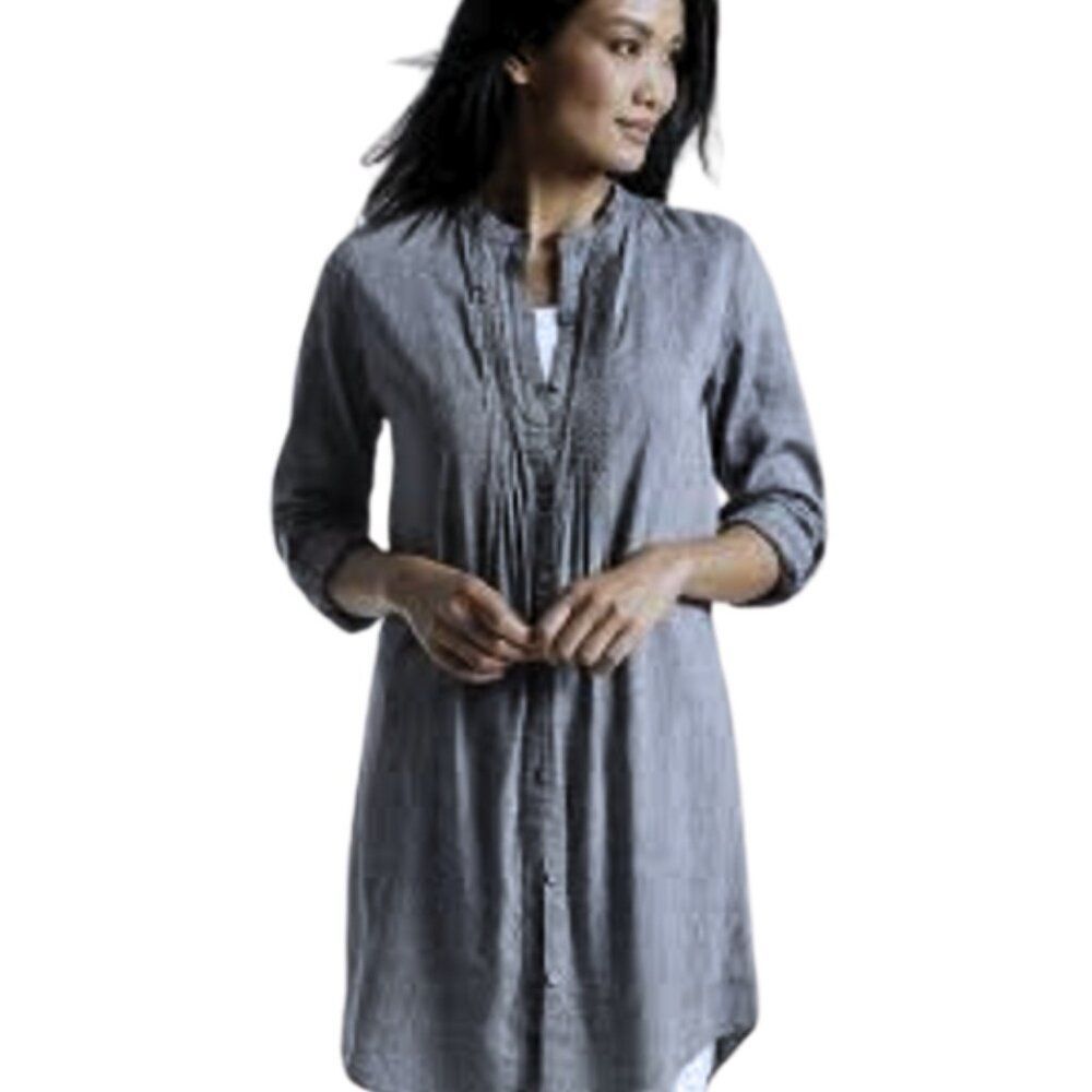 J. Jill Linen Blend Gray Chambray Button Up Tunic Dress (M)